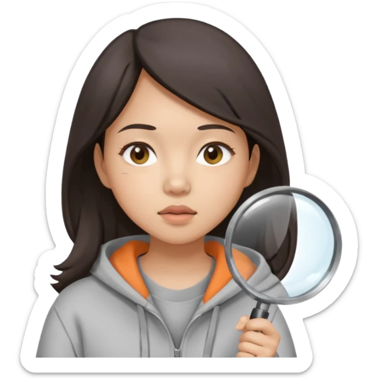 A brunette asian woman wearing hoodie holding a large magnifying glass and squinting at something to intently sticker