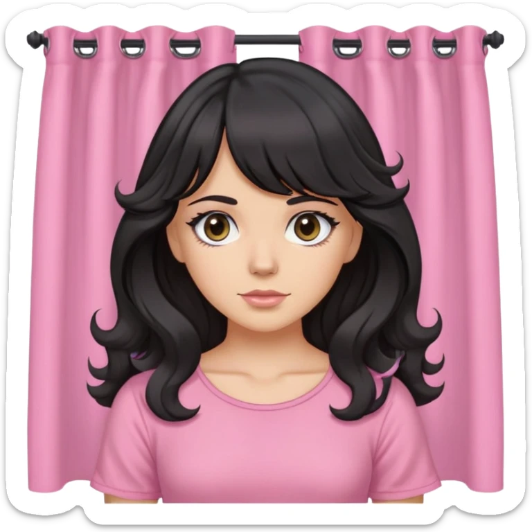 White girl with chest length black wavy hair with curtain bangs, gray eyes, wearing a pink top sticker