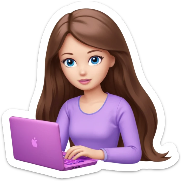 beautiful barbie girl with long brown hair, blue eyes and wearing light purple clothes playing pc games sticker