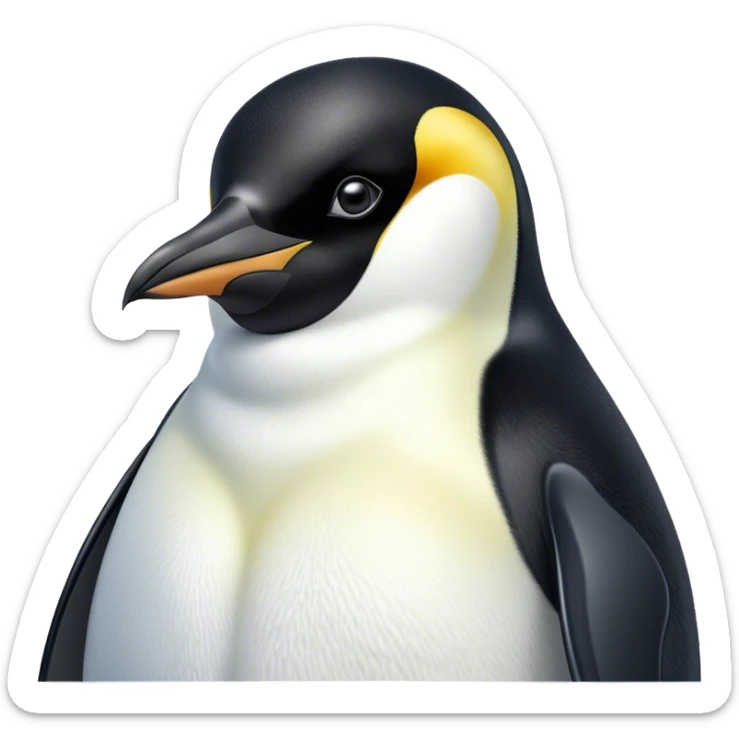 Cinematic Noble Emperor Penguin Portrait Emoji, Poised and regal, standing proudly on icy terrain with crisp black and white plumage and determined, deep-set eyes, Simplified yet sharp and sophisticated features, highly detailed, glowing with a soft, dignified polar glow, high shine, intelligent and stalwart, stylized with an air of imperial command, focused and resolute, soft glowing outline, capturing the essence of a watchful and confident arctic guardian that feels as though it could waddle out of the screen with effortless authority! sticker