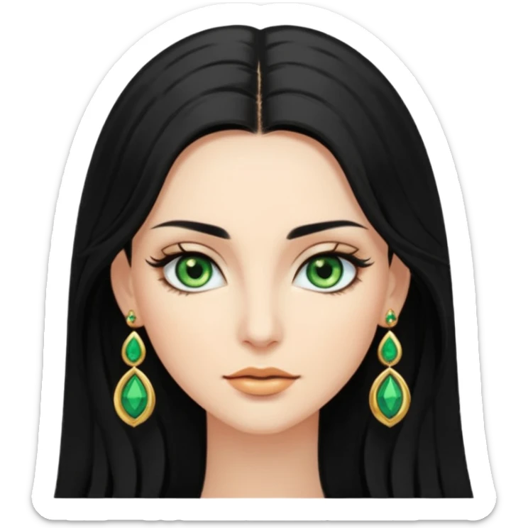 Attractive woman with long black hair and long eyelashes and green eyes and gold jewelry sticker