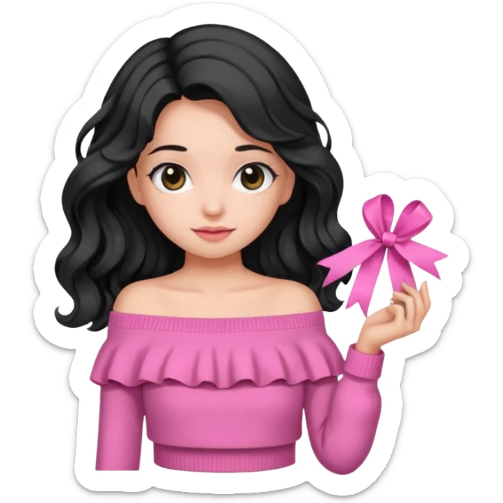 Girl with black wavy little long hair and a ribbon hair clip beside it make it look like wearing a pink off shoulder sweater  sticker