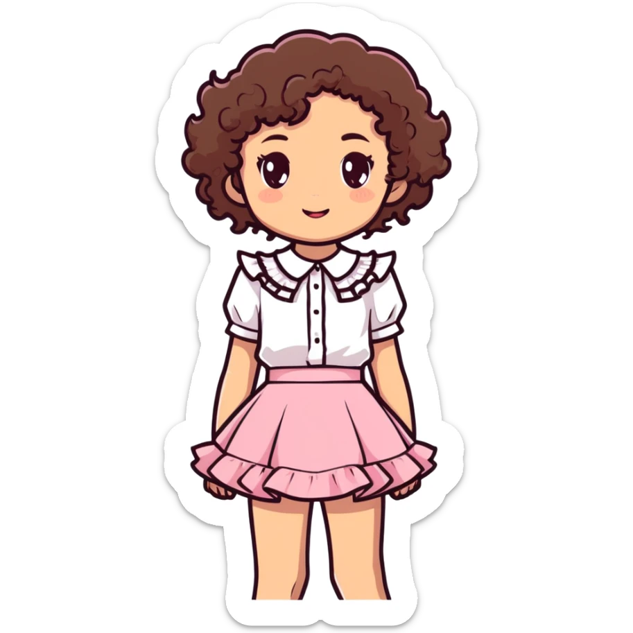 light skin girl, brown eyes, short curly brown hair, white blouse with ruffles, pink skirt with ruffles sticker