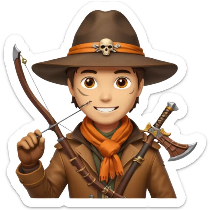 male human monster hunter emoji, wearing brown leather coat and wide hat, holding crossbow or rifle, with amulet shaped like skull, Halloween fantasy theme, confident smile, orange scarf, Apple emoji style, clean white background, square image sticker