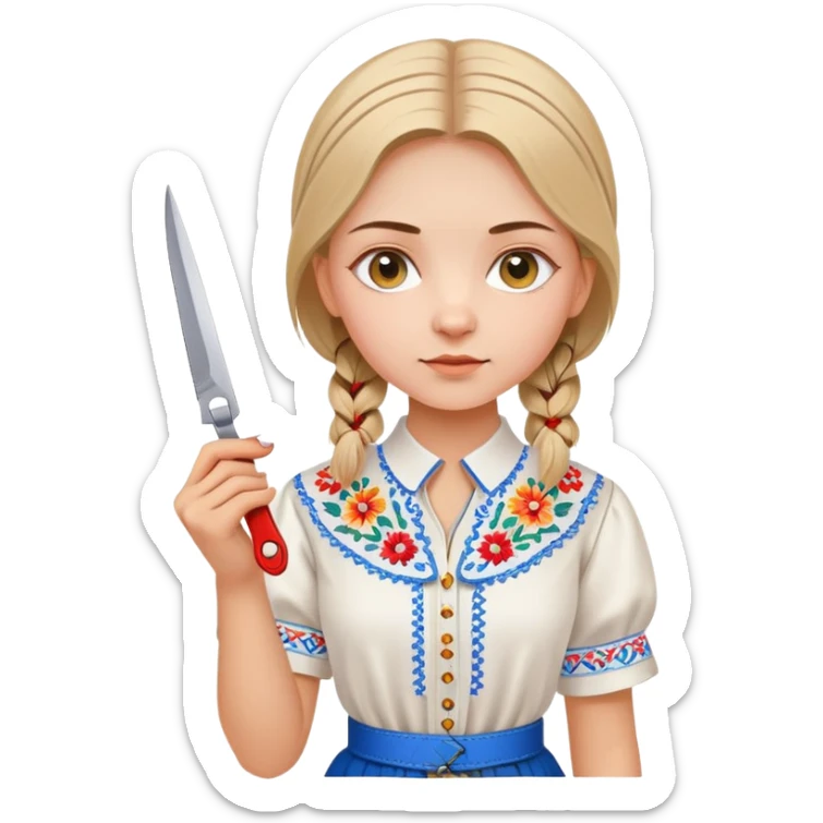 Ukrainian young girl in a white embroidered traditional shirt (vyshyvanka) holding scissors and colored cardboard sticker