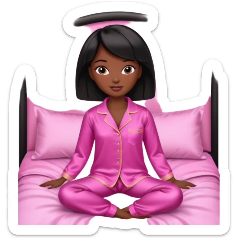 Dark skin Black barbie, short  black bob  hair, pink pajamas in bed  sticker