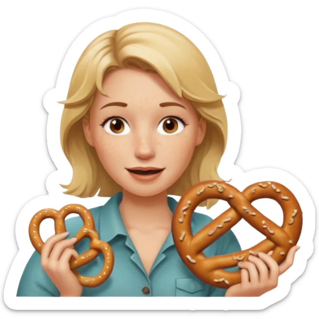 Winking, Dirty blond woman, fair skin with freckles,  holding pretzel sticker