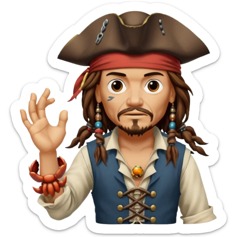 jack sparrow from the film pirates of the caribbean, shooo-ing the stone-crab.
- jack is looking to the left, hands mimicing to the left
 sticker