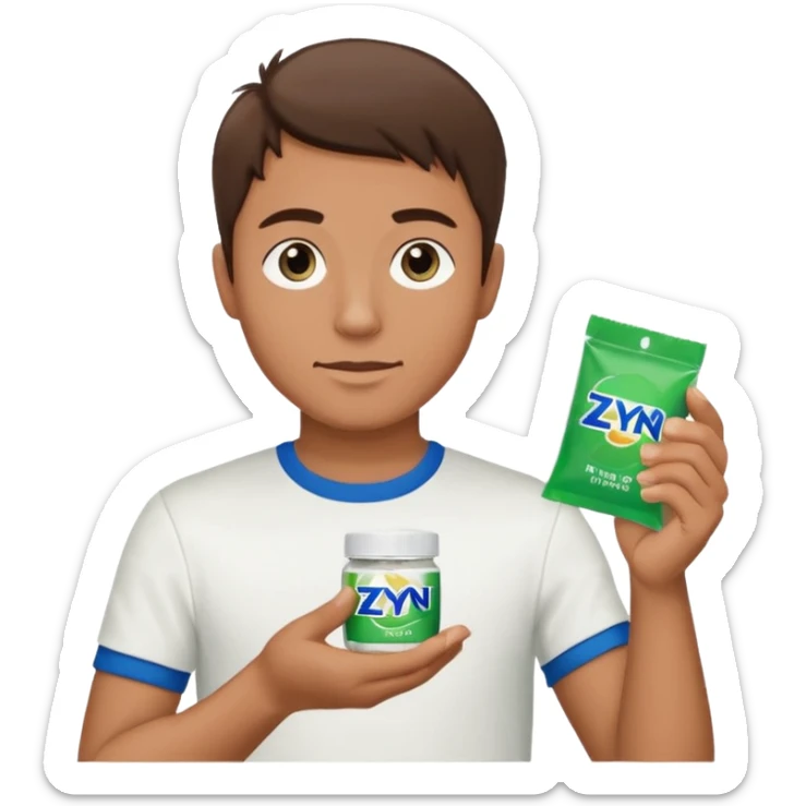 Man holding Zyn spearmint snus in palm and a white pouch in the other sticker