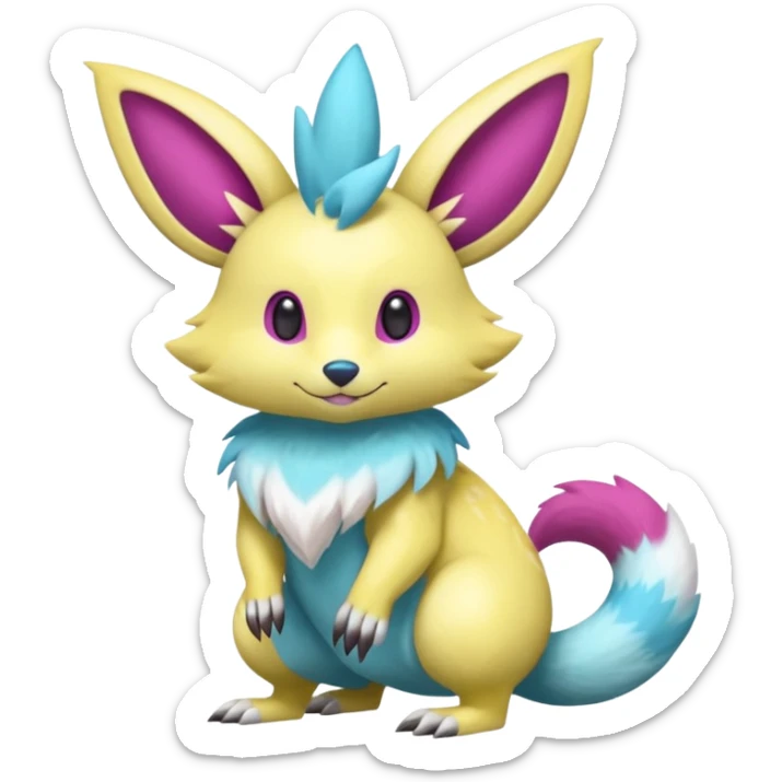 Shiny smooth silky soft Cyan-Yellowish-Magenta Minccino-Zeraora-Emolga-Vernid-Sergal-fusion-hybrid-animal-creature, full body sticker