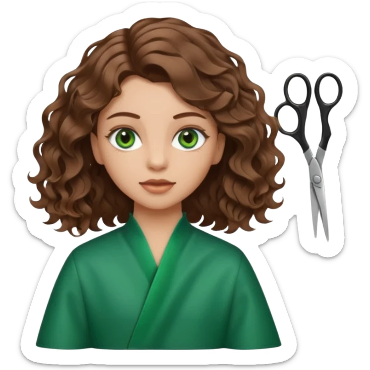 Girl with green eyes and brown wavy hair getting haircut with scissors sticker