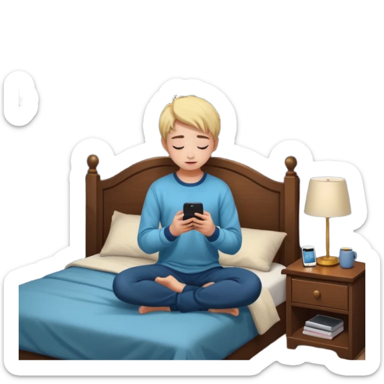 Gen Z teen kneeling by bed praying at night, phone on nightstand, casual outfit, bedroom with posters sticker