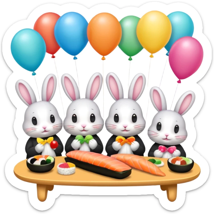 four bunnies together eating sushi at a birthday party, vibrant, balloons, sushi platters, birthday banner, party hats, festive, different poses, emoji style, all four bunnies clearly visible sticker