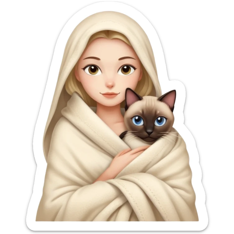 A beautiful and sexy Caucasian girl wrapped in a blanket hugging a Siamese cat sticker