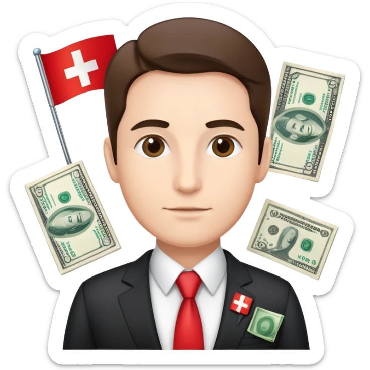 Swiss financial expert with business suit, Swiss flag pin, charts and money sticker
