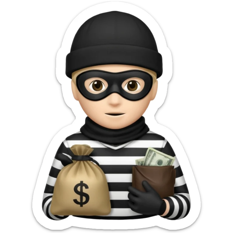 A emoji of a person wearing a black and white robber outfit and a black winter hat and a black mask and a Money Bag sticker