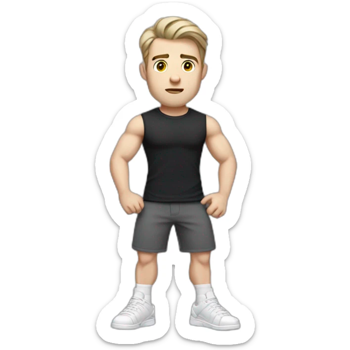 Confused Pale skinned Fit Man With the biceps and dark brown hair in black shirt, gray sports shorts and white Sneakers sticker