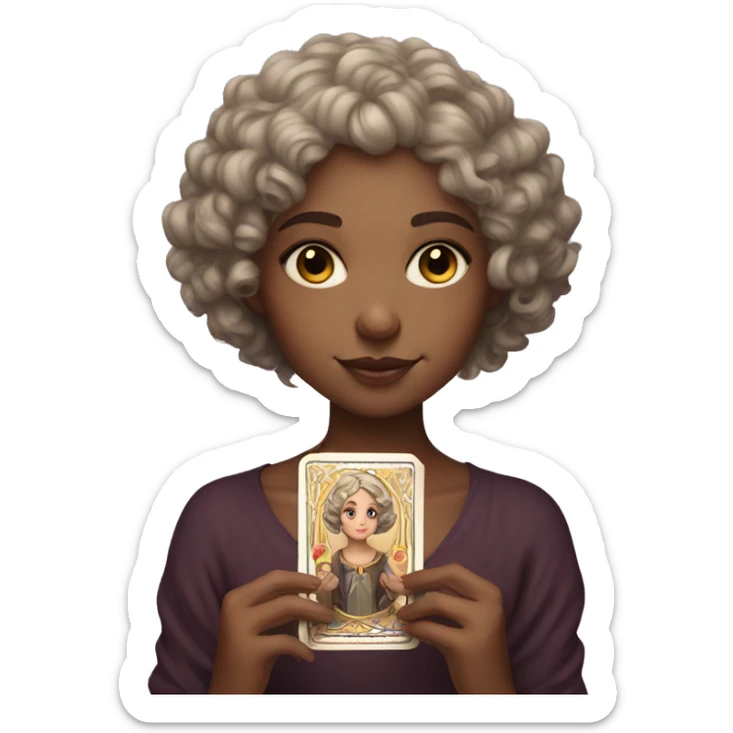 a girl with fair skin, short curly hair, holding tarot cards. sticker