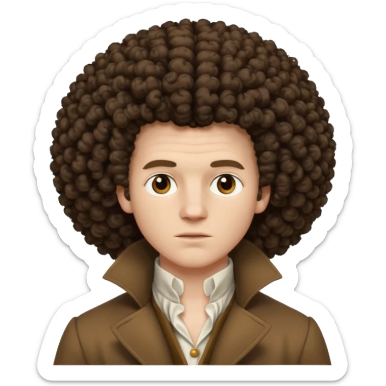 pale man, 1700s, white shirt brown coat, big afro curly hair, not too animated, no jewelry sticker