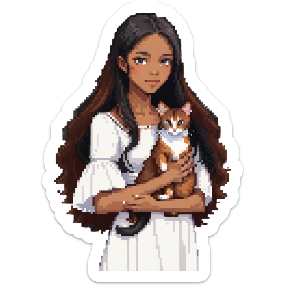 beautiful girl with long black hair wearing a white dress holding an Abyssinian cat with reddish-brown fur in her arms sticker