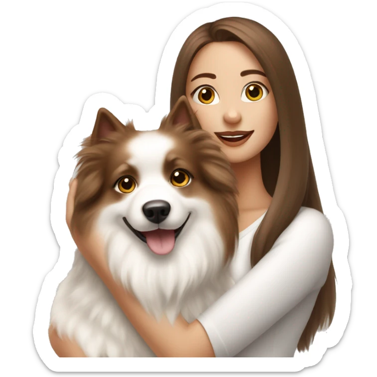 beautiful girl with brown hair with her cream white spitz dog sticker