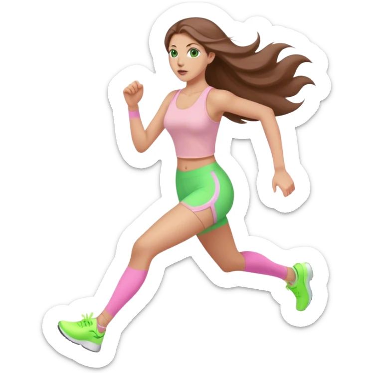 pretty woman with very long brown hair and green eyes and light pink outfit running sticker