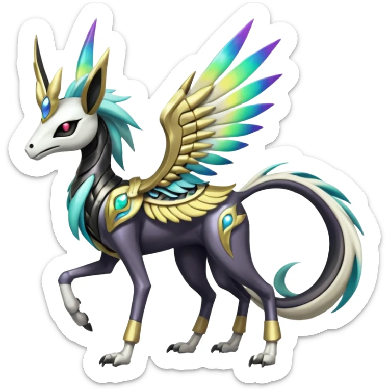 Colorful Shiny Tribal Skeletal masked armored Meloetta-Silvally-Solgaleo-Raikou-Pokémon-Digimon-Fakémon-fusion-hybrid-creature, full body sticker