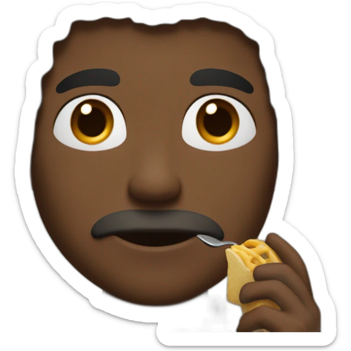 A man with brown skin, blanck hair and black eyes eating hal sticker