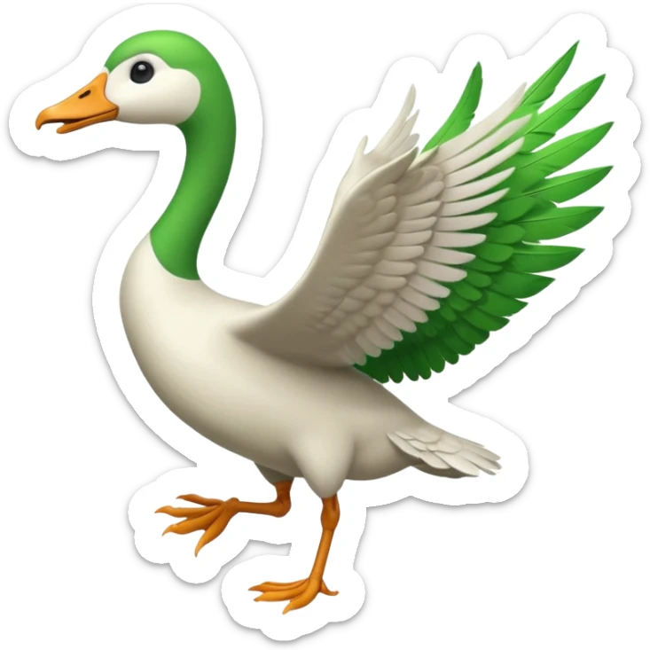 Emoji of a running goose with a very long neck and two legs. Use 🪿 shape but color it bright green (#39C700). The wings should be folded close to the body, not flapping. The legs should be clearly in a running motion, showing dynamic movement, not static. sticker