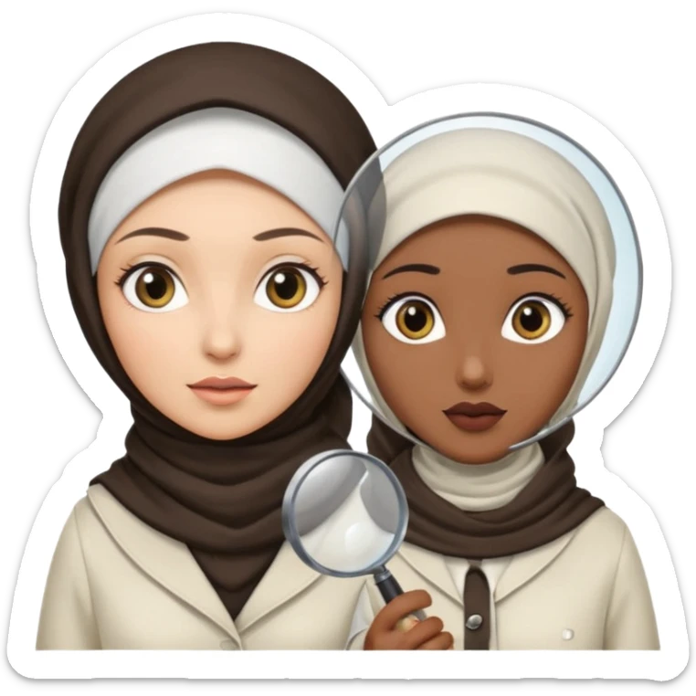 one wite hijabi one dark skin with her hair  out and hand lens and hat like true private inbestigators sticker