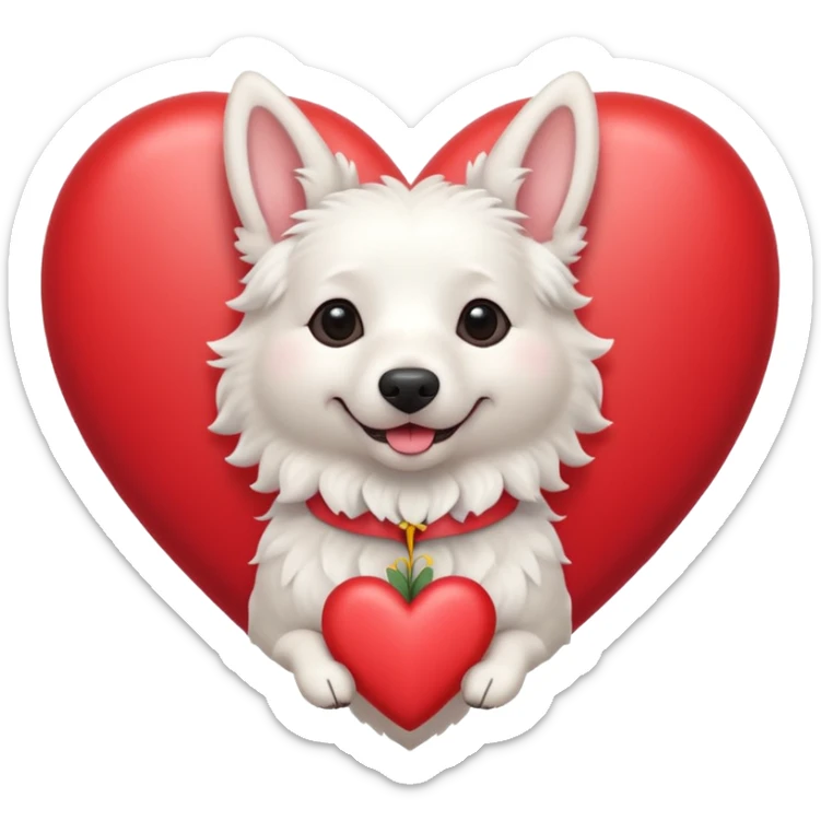 White belgian Dog with a flowerband on head is jumping in a heart sticker