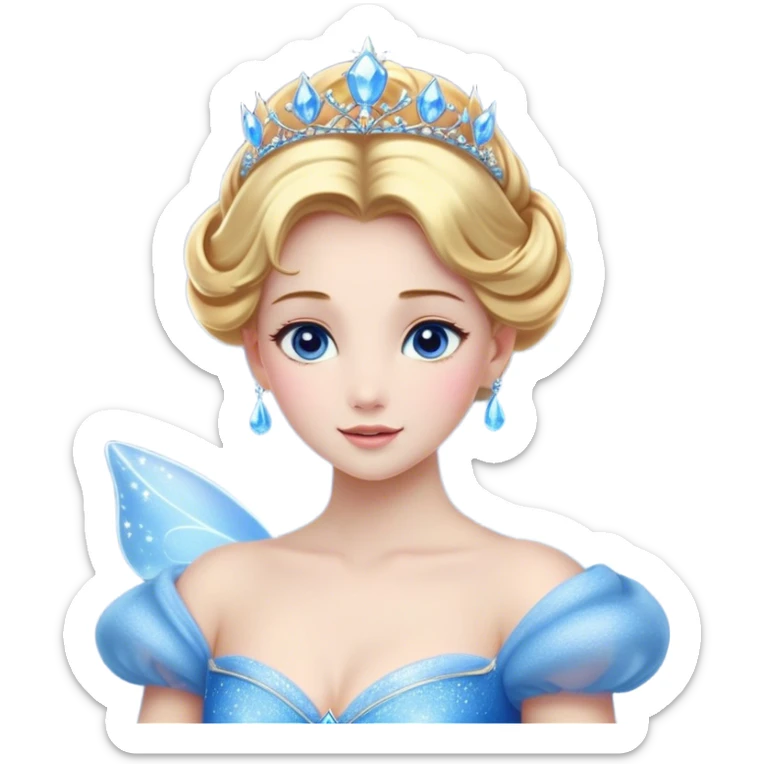 Cinematic Stunning Cinderella Portrait Emoji, Radiant in her sparkling blue ball gown, golden hair in a perfect updo, soft blue eyes full of wonder, glistening tiara, glowing with an ethereal beauty, regal yet kind, a dreamlike aura surrounds her, capturing the essence of a fairy tale princess, elegant and breathtaking! sticker