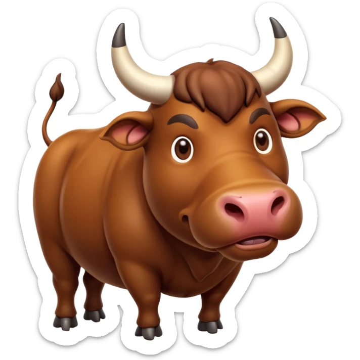 An adorable full-body 3d brown bull with large and exaggerated features in the shape of a ball. Make the background white sticker