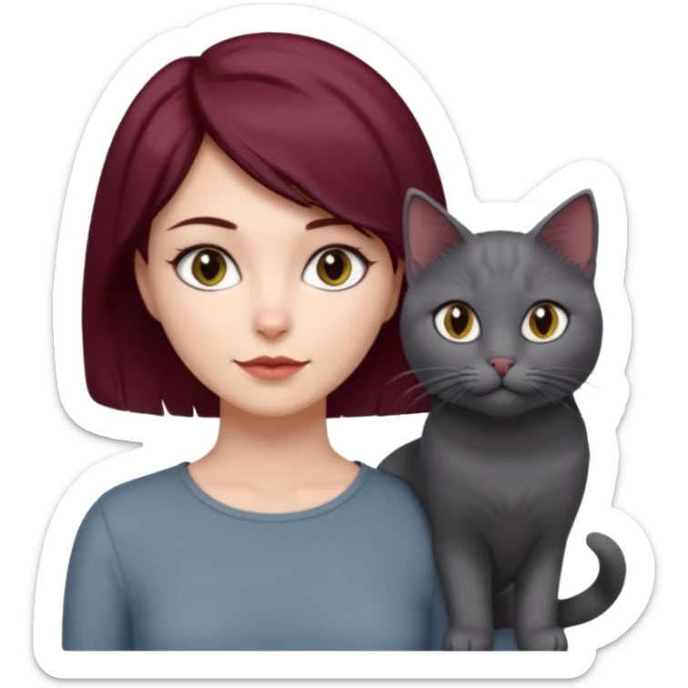 femme au cheveux court bordeau, yeux gris,  avec chat poils longs gris clair et chat poils ras noirs sticker