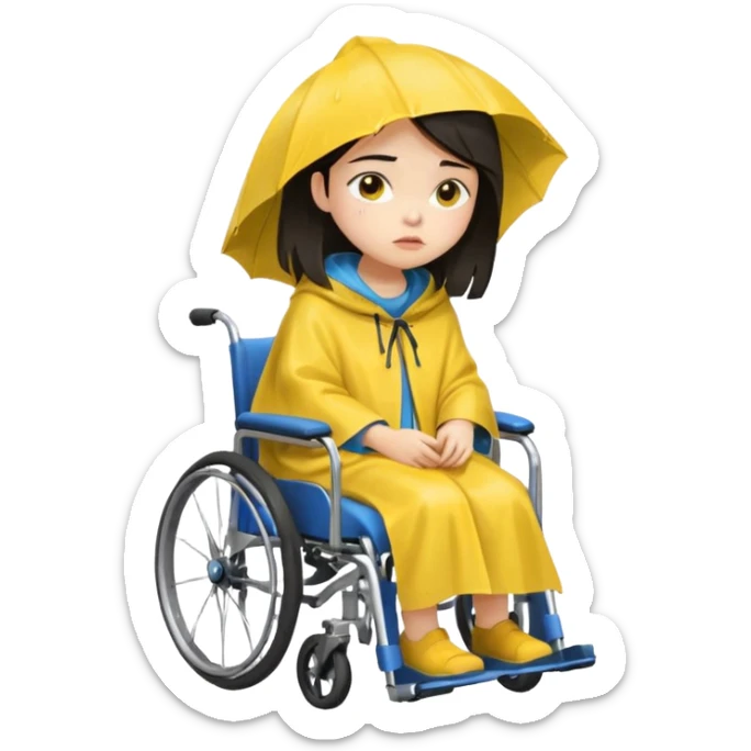 Girl with dark hair  in a wheelchair with rain poncho sad with rain  sticker