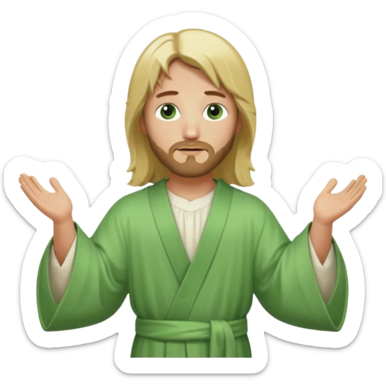 Jesus, green eyes, blonde hair, light green church robe. opening arms, gazing thoughtfully. Soft light, subtle fern. Waist-up, profile. sticker