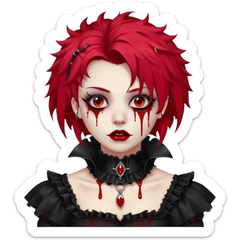 Shiny beautiful cute cool gorgeous attractive gothic vampiric lady with bloody hair, bloody lips, bloody face, blood-choker, spiked collar, frills, black dress, red rubies, messy tousled hair  sticker