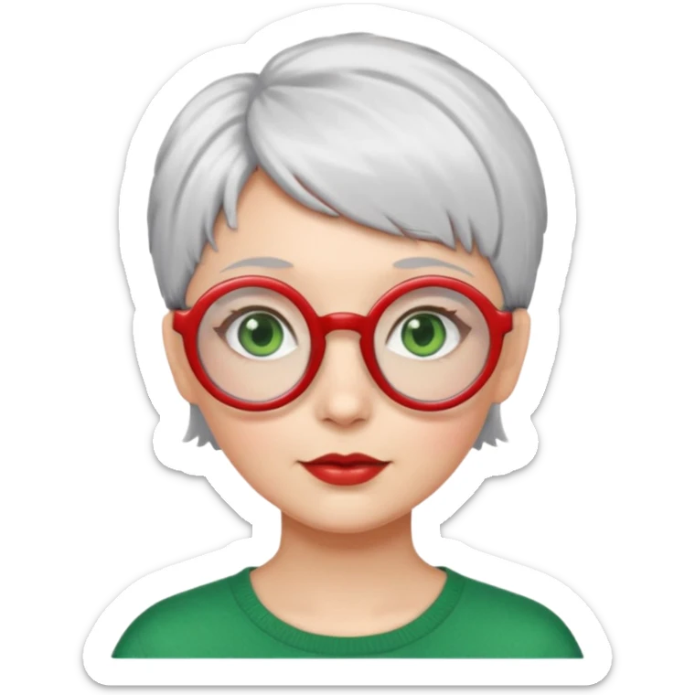 visage femme a lunettes ronde rouge avec cheveux courts gris-blancs aux yeux verts sticker