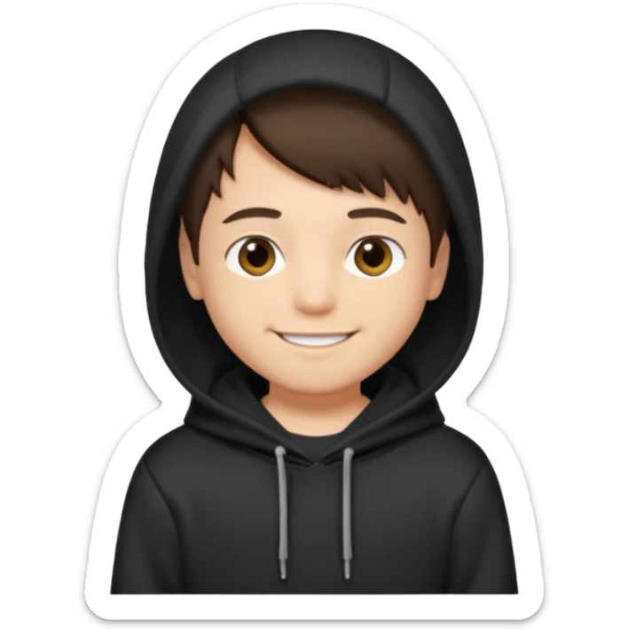 A brunette boy, short straight hair, light brown eyes, with a black sweatshirt with a hoodie, and smile  sticker