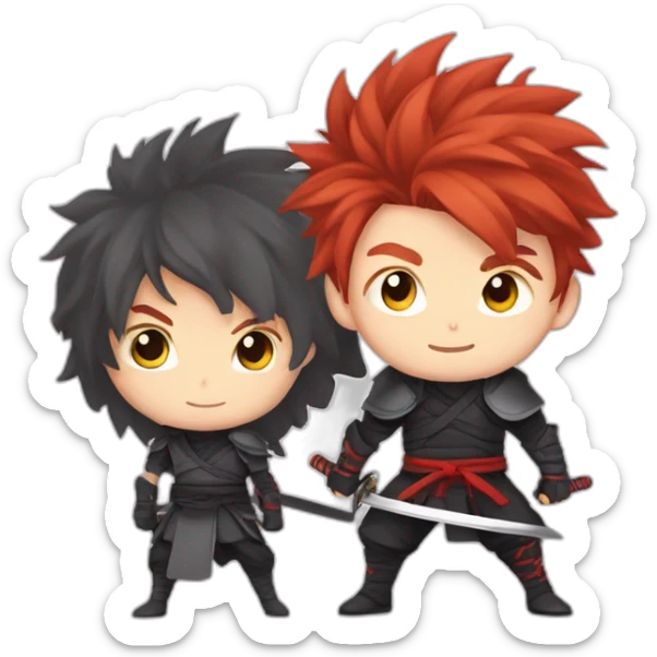 Anime ninja with Red haired young boy with cheeky grin and pointy fluffy hair with a sword in a defense pose sticker