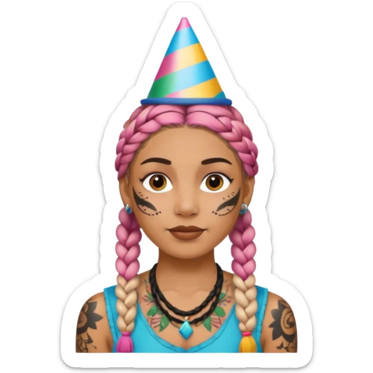 braided and tattoedbraided with lots lots lots of face tattooes and a party hat sticker