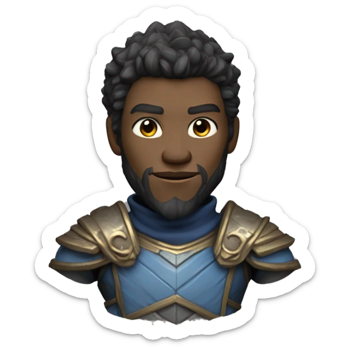 Black Myth: Wukong" game character: humanoid with full facial hair. Bronze skin. Clean face. Small head, deep eyes. Wears blue-gray garment and one-shoulder armor. Exposed chest has facial hair. CG modeling.
 sticker