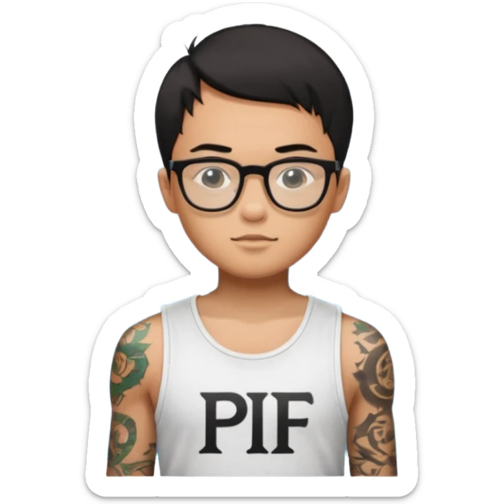 A young boy WITH A laptop, black straight short hair, wearing glasses, wearing a tanktop, has tattoos, he is asian

Add the letters "PIF" floating around him sticker