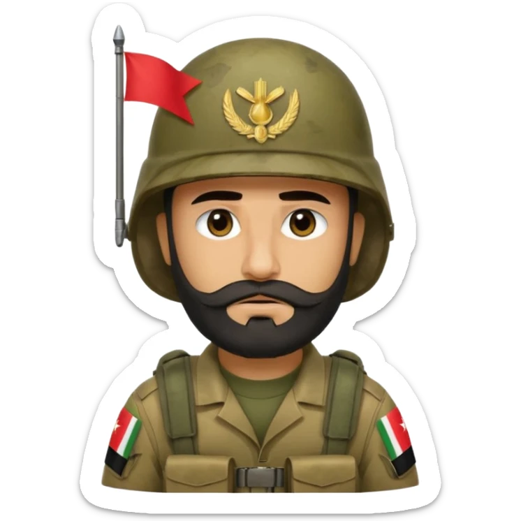 A tired, swarthy Iraqi soldier with a beard, an Iraqi flag on his helmet, a sad expression and bags under his eyes sticker