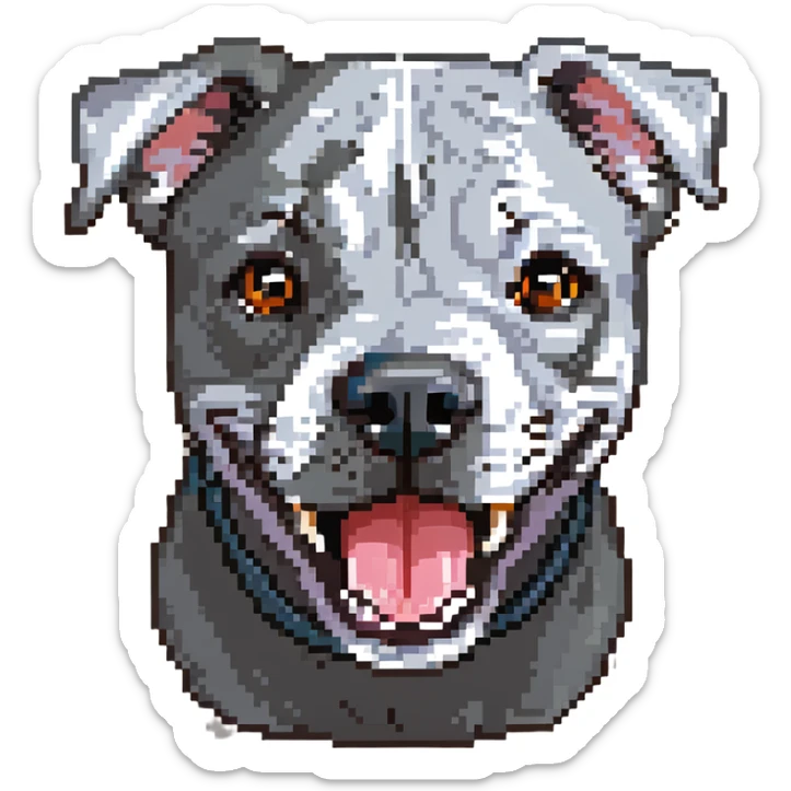 round circle puppy head full grey bleu staffy, big open mouth, big tongue out, stupid expression sticker