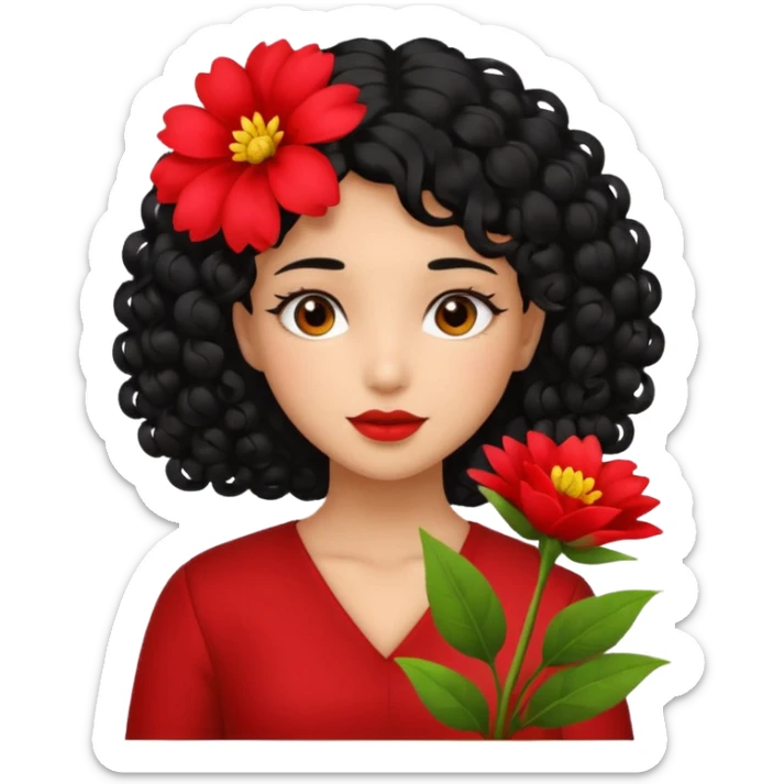A girl with curly  black  hair and res flowers in her hands sticker
