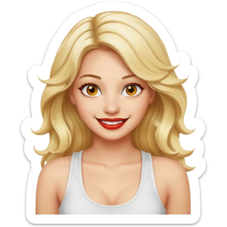 a woman with white tank top and smile, her hair is long wavy blonde hair, her face is baddie girl style, her eyes color are yellow and the color of her lip is soft red sticker