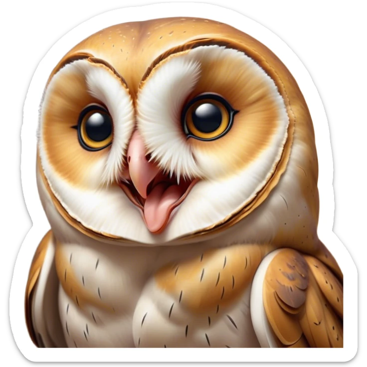 Cinematic Cute Yawning Barn Owl Portrait Emoji, Head tilted slightly with a dramatic, wide-open yawn, showcasing a soft, mottled plumage with subtle brown accents and gently drooping feathers, round amber eyes barely open in drowsy contentment, Simplified yet irresistibly adorable features, highly detailed, glowing with a soft, cozy glow, high shine, relaxed yet expressive, stylized with a touch of nocturnal whimsy, bright and endearing, soft glowing outline, capturing the essence of a sleepy yet affectionate owl, so drowsy it feels like it could glide out of the screen and curl up for a nap! sticker