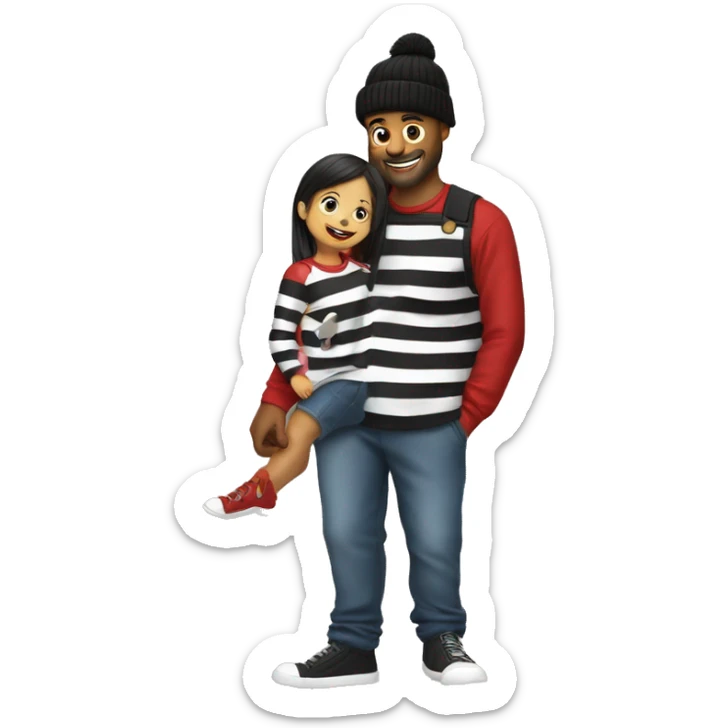 Man in black and white striped long sleeve shirt and black beanie picking up his daughter who is a small kid wearing red shirt with overalls  sticker