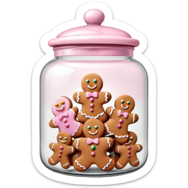 Realistic glass cookie jar with light pink lid full of gingerbread cookies isolated.  sticker